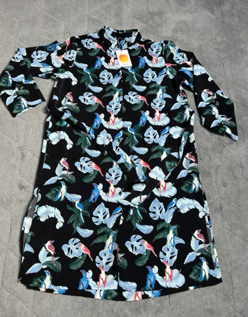 BNWT Monki XL Black Shirt Dress with Leaf and Bird Print Long Sleeve Belted