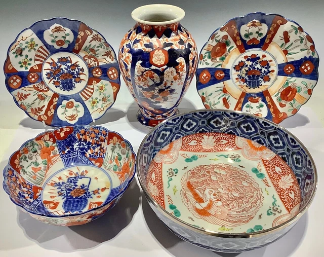 Antique Japanese Imari pattern circular bowl, vase two plates c.1900 Silver Rim