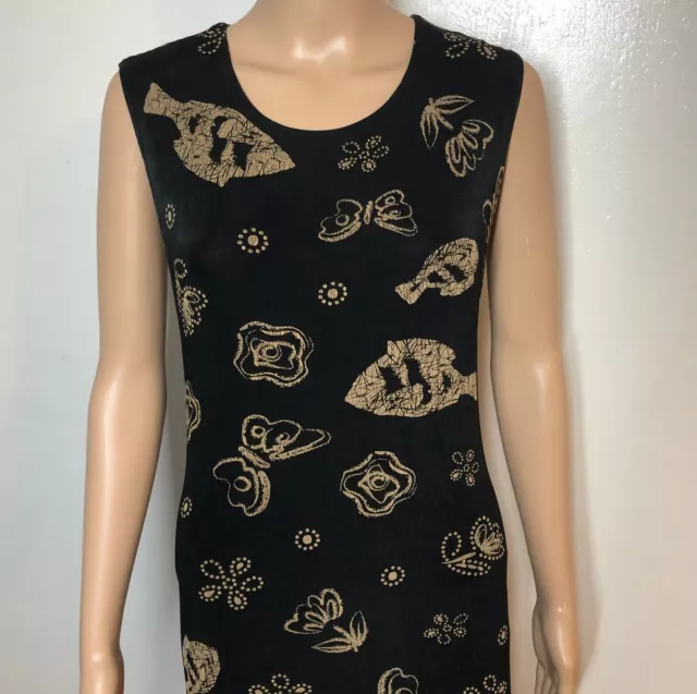 vtg Coldwater Creek Travel Knit Maxi Dress PXL Black Sleeveless Floral Fish USA