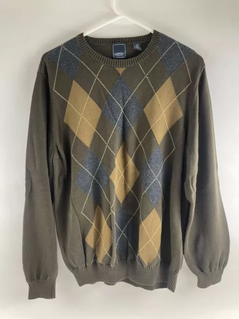 Arrow Sweater Men's Size Large Brown Argyle Pullover Crew Neck Ribbed Edges