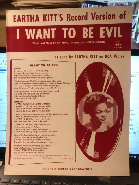 1953 Soul pop sheet music EARTHA KITT “I Want To Be Evil’ Mint