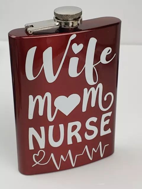 8oz GLOSS RED STAINLESS STEEL FLASK w/ "WIFE, MOM, NURSE" Decal - NEW in Box!