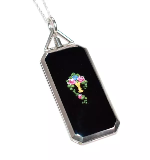 FABULOUS! Black Antique STERLING ENAMEL Hand Painted FLOWERS Locket Necklace F&B