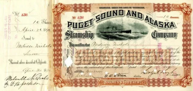 Puget Sound and Alaska Steamship Co. signed by Colgate Hoyt - Stock Certificate