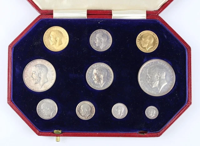 1911 George V specimen coin set original leather case, incl. gold sovereign