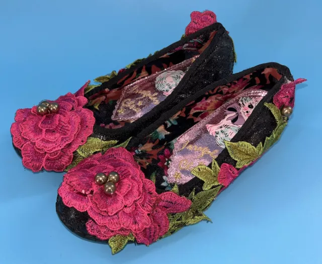 Irregular Choice Wedge Heels NEW Pink/ Black Floral Appliqué — Size 36