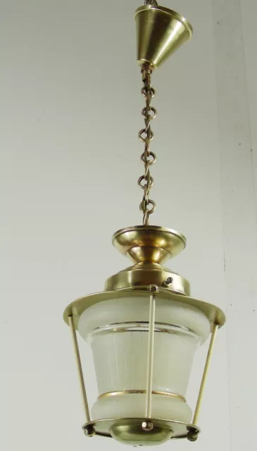 ancienne petite lampe lustre plafonnier laiton et verre depoli
