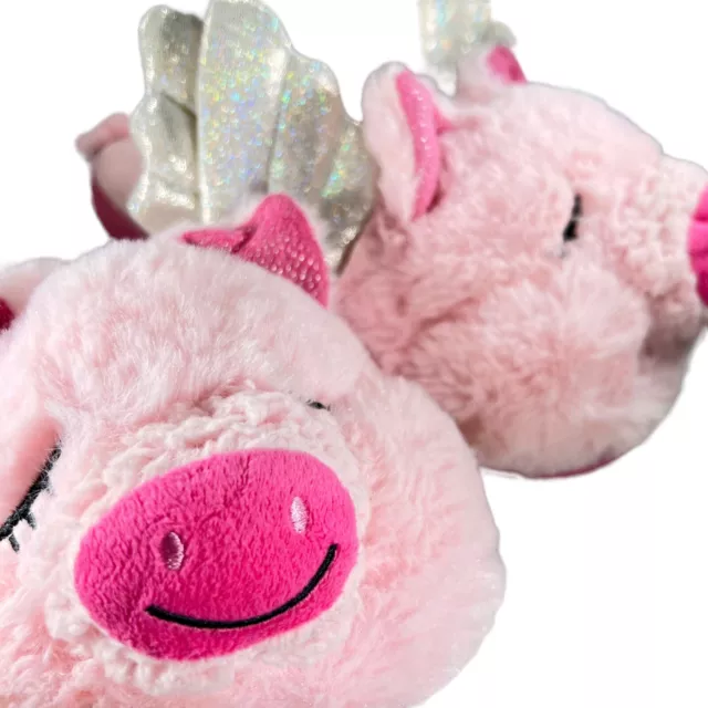 Secret Treasures Fuzzy Slippers Pink Flying Pig Sparkly Wings Curly Tail M 7-8
