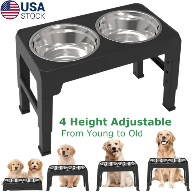 Elevated Dog Bowl Pet Feeder Stainless Steel Raised Food Water Stand w/ 2 Bowls