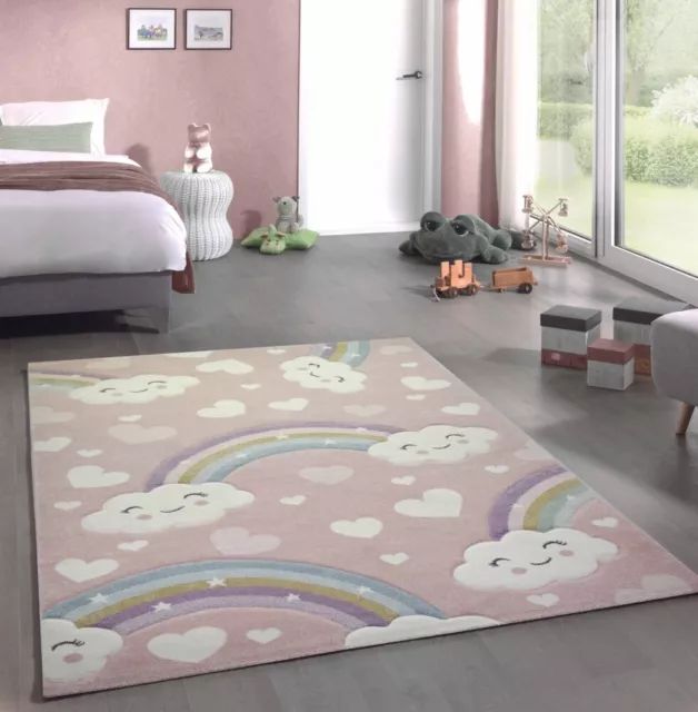 Alfombra infantil alfombra de juego arcoiris con nubes rosa