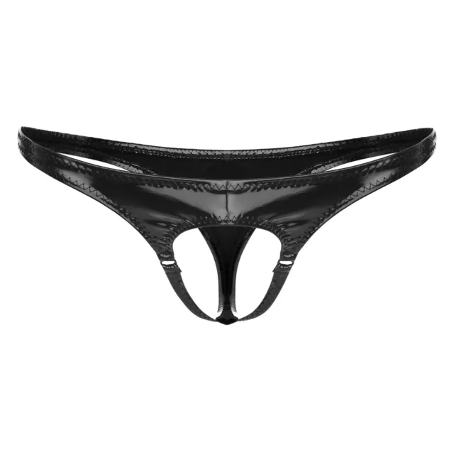 Womens Cutout Thongs Wet Look Patent Leather Crotchless Panties Open Butt  Briefs
