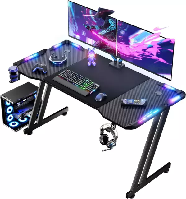 Scrivania Gaming con LED, 120 x 60 cm Tavolo da Gioco Ergonomica, Scrivania da G