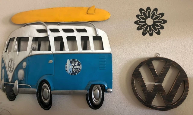 VW Bus Metal Wall Art 29" x 23" Blue / White / Yellow + VW Logo (wood carving) 2