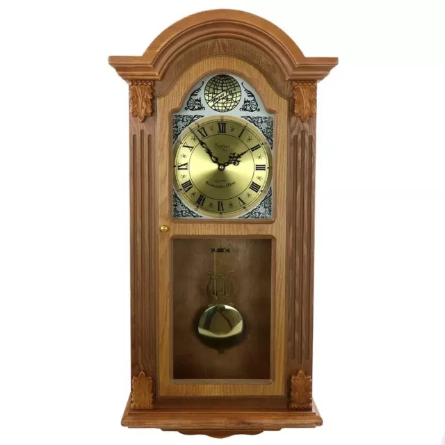Bedford 29” Honey Oak Wood Wall Clock w Chimes Swinging Pendulum & Gold Accents