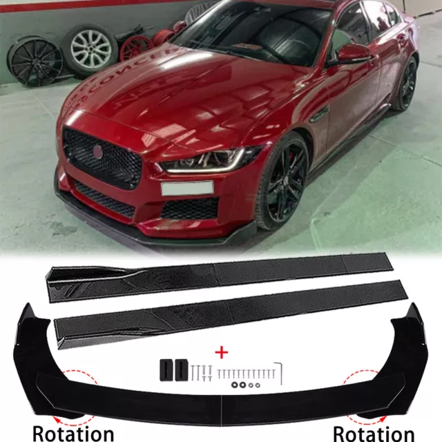 For Jaguar XE XF Gloss Front Bumper Lip Splitter Spoiler + 86.6" Side Skirts Set