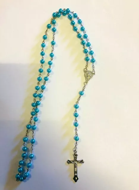 Aqua Plastic Rosary Round Beads Necklace for Children / Adults Gift Boxed