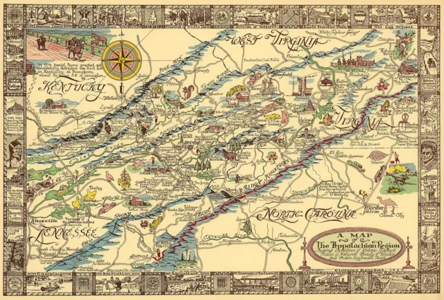 Appalachian Region Map Pictorial Historical Wall Poster Kentucky West Virginia