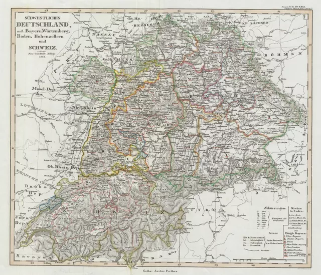 1853 Perthes Map of Southwestern Germany and Switzerland