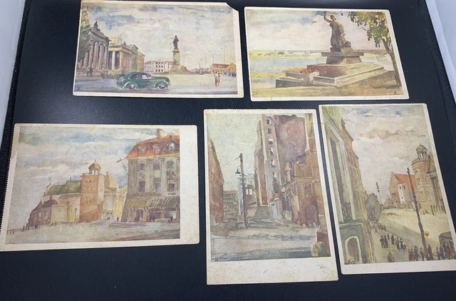 Set of 5 Vintage Warsaw Poland Postcards Unused Watercolor Type Designs City