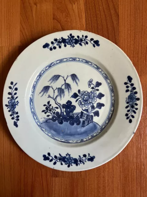 Antique 18th C Chinese export blue & white porcelain plate tree/flower pattern