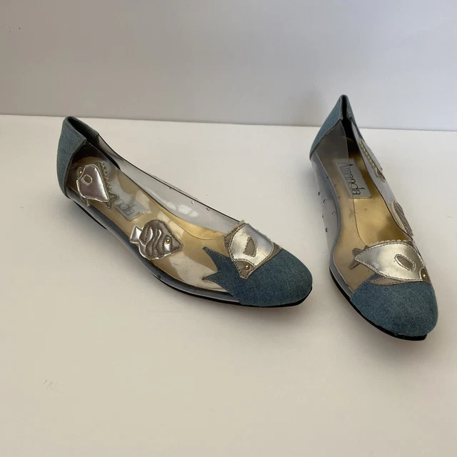 New Vintage 90s Fun Amanda Blue Jean Metallic Fish Flats Jelly Shoes 7/7.5
