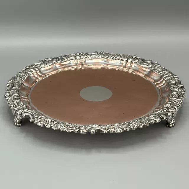 Antique Silver Plated Round Footed Tray Victorian Ornate Decanter Drinks Salver