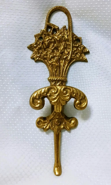 Vintage Antique Heavy Brass Coat Robe Hook*Victorian Flower Basket Design 8"...