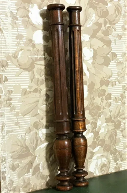 Pair baluster groove wood turned column Antique french architectural salvage 21"