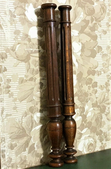 Pair baluster groove wood turned column Antique french architectural salvage 21"