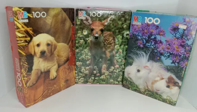 Lot Of 3 Vintage 80s Puzzles MB Junior 100 Piece Animals Guinea Pig, Deer, Puppy