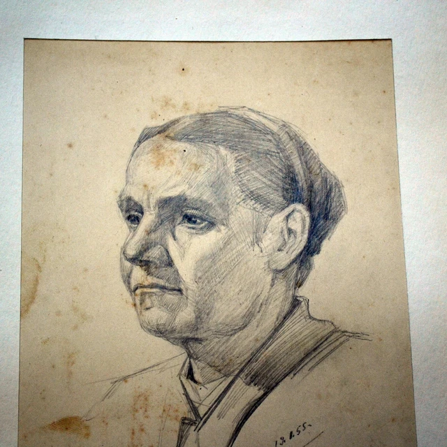 1955 ELDERLY WOMAN Vintage Drawing Painting w Frame USSR Soviet artist Borisov
