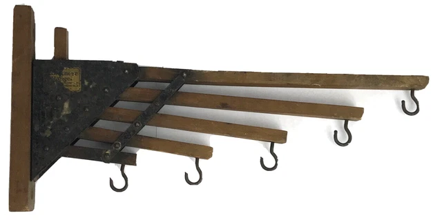 Antique Vtg Wooden Wall Hooks Collapsible Folding New York USA Farmhouse Laundry 2