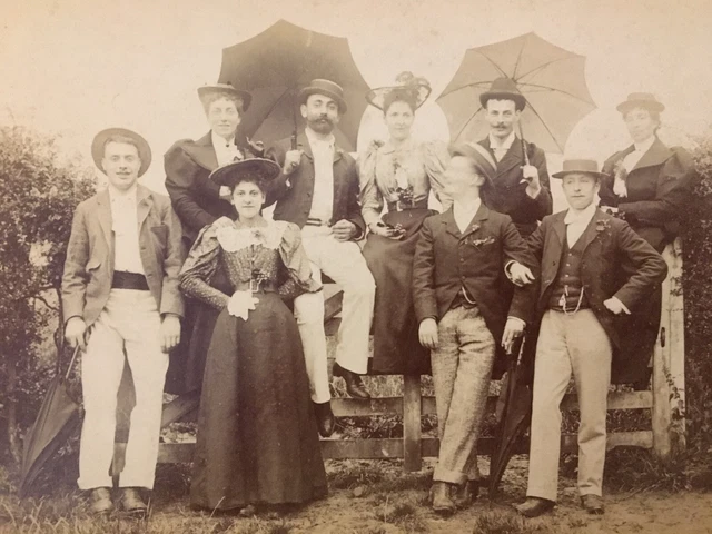 Late Victorian Early Edwardian Fun B&W Photo of Mixed Group Umbrellas Fashion