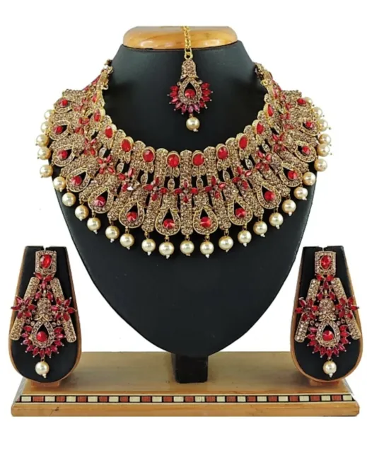 Red Lct Indian Traditional Gold Plated Choker Wedding Bridal Jewelry Necklace