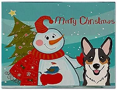 Treasures BB1875PLMT Snowman with Tricolor Corgi Fabric Placemat Washable Placem