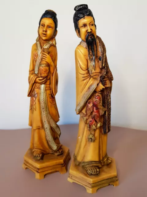 Carved resin Chinese figures. Vintage man and woman figurines. Fisherman, Asian