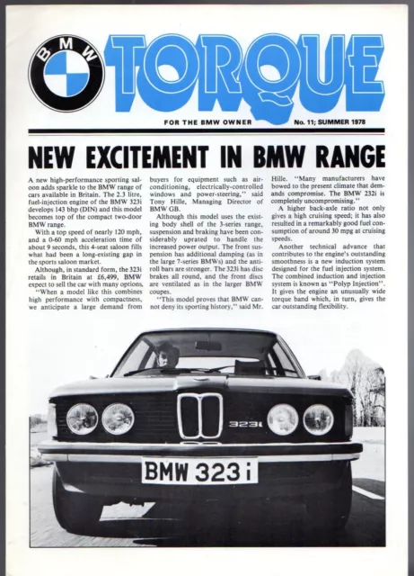 BMW Torque Magazine No11 Summer 1978 UK Market Foldout Brochure 323i M1