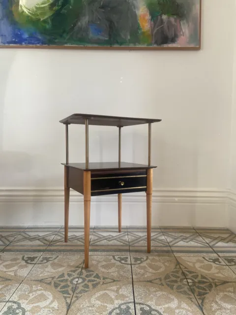 A Continental 2 Tier Mid Century Side or Bedside Table C1950s Mahogany and Maple
