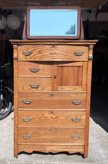 Victorian early 1900s oak chest of drawers, highboy, dresser with mirror