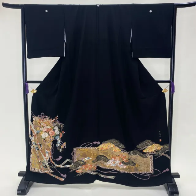 Black Tomesode material Haori Fabric Silk Kimono Japanese Kimono / G-166