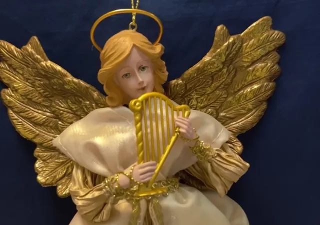 Macy’s Holiday Lane Gold Christmas Angel Playing Harp  Hanging Ornament 10" 2