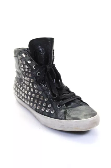 Crime Womens Side Zip Lace Up Studded High Top Sneakers Black Leather Size 39