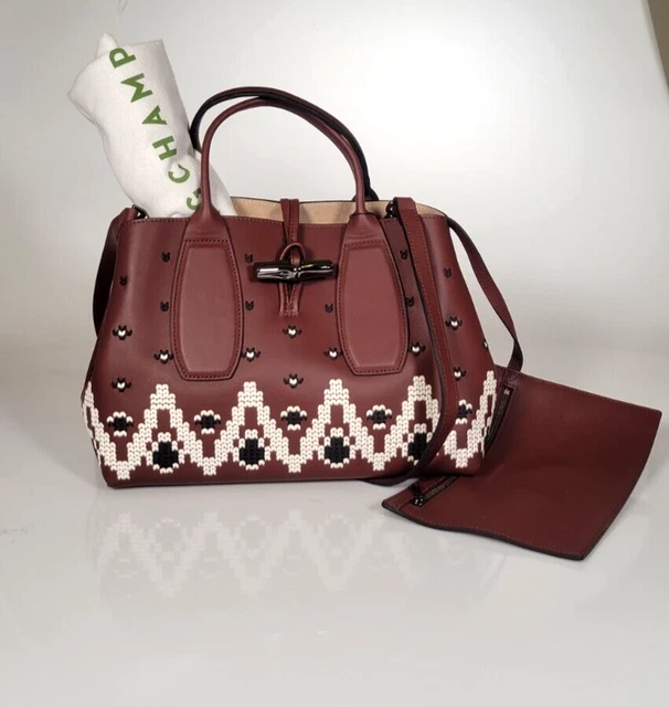 Longchamp Roseau Satchel Embroidered Red Leather Tote Satchel Limited Pouch NWOT