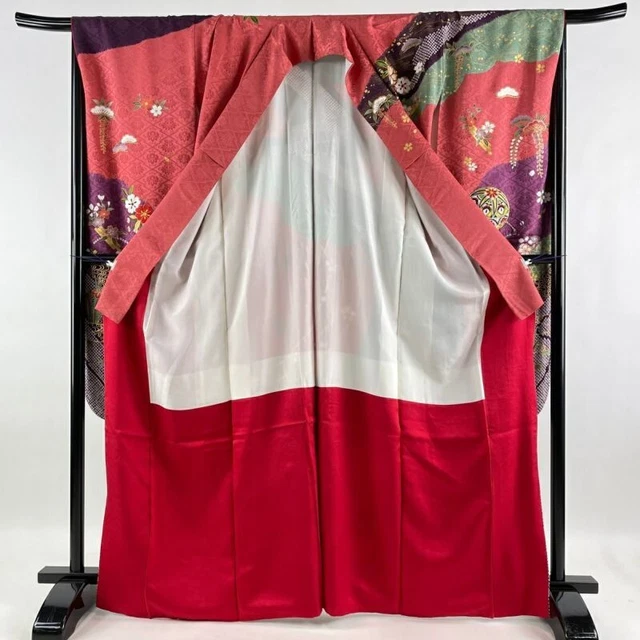Woman Japanese Kimono Furisode Silk Temari Flower Gold Thread Embroidery Red 2