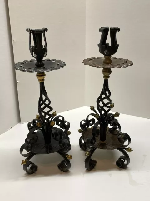 Vintage Pair MCM Hand Forged Wrought Iron/Brass Candlesticks Signed H. Zimmerman
