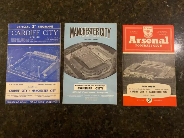 3 X Manchester City V Cardiff FA Cup 3rd rd Incl 2nd replay @ Arsenal 1961 & New