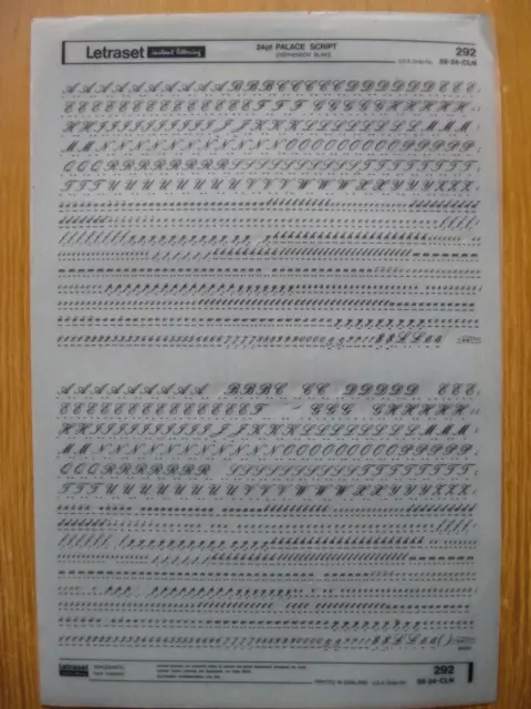 1 x Letraset Upp/Low/Num PALACE SCRIPT 24pt 7,7 mm Blatt 292 (bb)