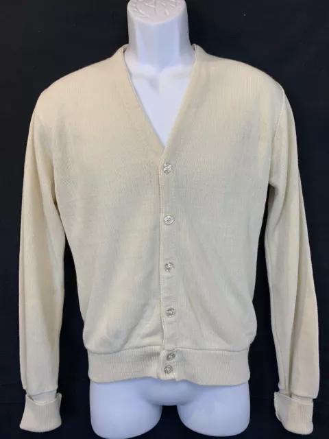 Vintage 70s Button Front Cardigan Sweater Beige Acrylic 20" Pit to Pit