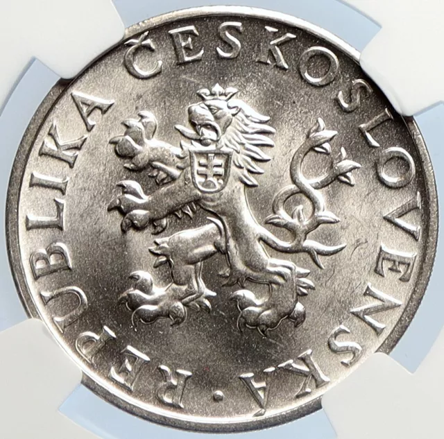 1955 CZECHOSLOVAKIA Soldier & Family LIBERATION Silver 10 Korun Coin NGC i105892 2