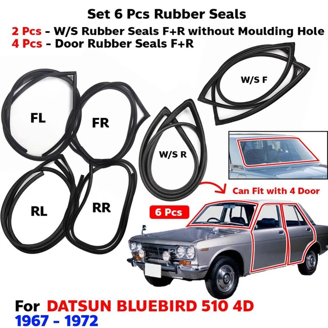 Windshield w/o Vent Door Rubber Set 6 Fits Datsun Bluebird 510 4D SED 1967-72